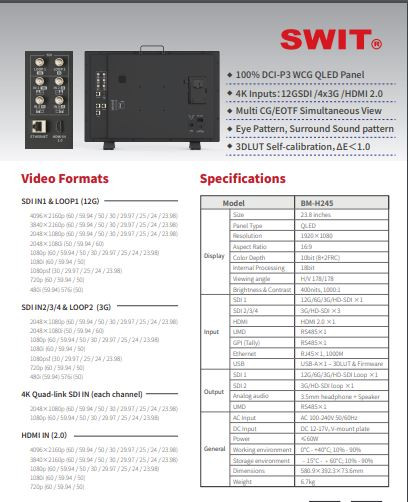 Màn Hình Hỗ Trợ Quay Monitor SWIT BM-H245