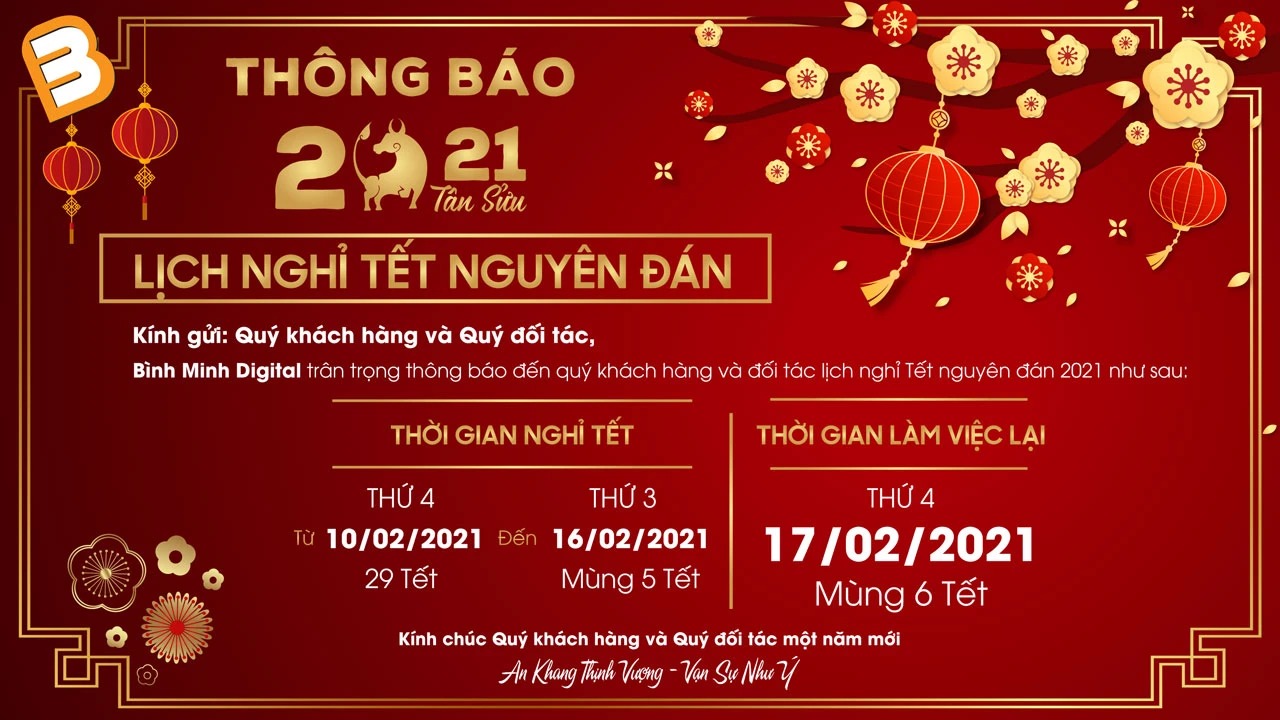 Thông Báo Lịch Nghỉ Tết Tân Sửu 2021 Của Bình Minh Digital